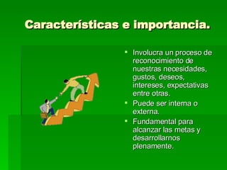 Características e importancia. Involucra un proceso de reconocimiento de nuestras necesidades, gustos, deseos, intereses, expectativas entre otras. Puede ser interna o externa. Fundamental para alcanzar las metas y desarrollarnos plenamente.  