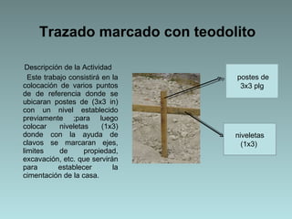 Descripción de la Actividad  Este trabajo consistirá en la colocación de varios puntos de de referencia donde se ubicaran postes de (3x3 in) con un nivel establecido previamente ;para luego colocar niveletas (1x3) donde con la ayuda de clavos se marcaran ejes, limites de propiedad, excavación, etc. que servirán para establecer la cimentación de la casa. Trazado marcado con teodolito  postes de 3x3 plg niveletas (1x3)  