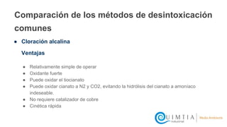 Comparación de los métodos de desintoxicación
comunes
● Relativamente simple de operar
● Oxidante fuerte
● Puede oxidar el tiocianato
● Puede oxidar cianato a N2 y CO2, evitando la hidrólisis del cianato a amoníaco
indeseable.
● No requiere catalizador de cobre
● Cinética rápida
● Cloración alcalina
Ventajas
 