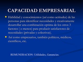 CAPACIDAD EMPRESARIAL
   Habilidad y conocimientos (así como actitudes) de las
    personas para identificar necesidades y creativamente
    desarrollar una combinación optima de los otros 3
    factores ( o menos) para producir satisfactores de
    necesidades (privadas y colectivas).
   Así como empresarios, también políticos, médicos,
    científicos, etc.



     REMUNERACION: Utilidades, Ganancias.
 