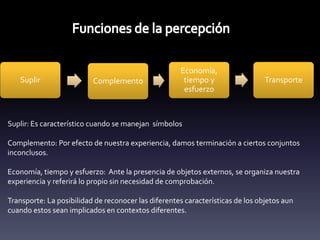 Suplir Complemento
Economía,
tiempo y
esfuerzo
Transporte
Suplir: Es característico cuando se manejan símbolos
Complemento: Por efecto de nuestra experiencia, damos terminación a ciertos conjuntos
inconclusos.
Economía, tiempo y esfuerzo: Ante la presencia de objetos externos, se organiza nuestra
experiencia y referirá lo propio sin necesidad de comprobación.
Transporte: La posibilidad de reconocer las diferentes características de los objetos aun
cuando estos sean implicados en contextos diferentes.
 