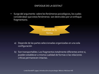 ENFOQUE DE LA GESTALT
• Surge del argumento sobre los fenómenos psicológicos, los cuales
consideraban que estos fenómenos son destruidos por un enfoque
fragmentario.
Cualidad de la
forma
a) Depende de las partes seleccionadas organizadas en una sola
configuración
b) Son transportables: Los fragmentos totalmente diferentes entre si,
pueden establecer a misma cualidad de formas si las relaciones
críticas permanecen intactas.
Linda Davidoff. (1990). Introducción a la psicología. México: McGraw-Hill.
 