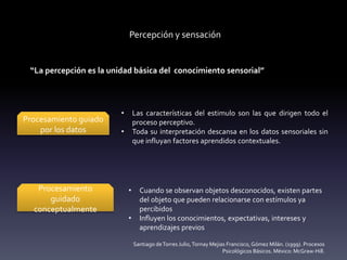 Percepción y sensación
Procesamiento guiado
por los datos
Procesamiento
guidado
conceptualmente
• Las características del estimulo son las que dirigen todo el
proceso perceptivo.
• Toda su interpretación descansa en los datos sensoriales sin
que influyan factores aprendidos contextuales.
• Cuando se observan objetos desconocidos, existen partes
del objeto que pueden relacionarse con estímulos ya
percibidos
• Influyen los conocimientos, expectativas, intereses y
aprendizajes previos
“La percepción es la unidad básica del conocimiento sensorial”
Santiago deTorres Julio,Tornay Mejias Francisco, Gómez Milán. (1999). Procesos
Psicológicos Básicos. México: McGraw-Hill.
 