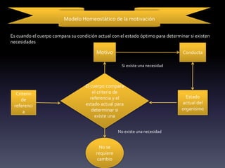 Modelo Homeostático de la motivación
Es cuando el cuerpo compara su condición actual con el estado óptimo para determinar si existen
necesidades
Motivo Conducta
Estado
actual del
organismo
Criterio
de
referenci
a
El cuerpo compara
el criterio de
referencia y el
estado actual para
determinar si
existe una
No se
requiere
cambio
No existe una necesidad
Si existe una necesidad
 