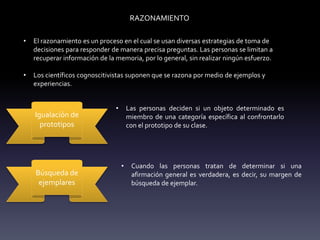 RAZONAMIENTO
• El razonamiento es un proceso en el cual se usan diversas estrategias de toma de
decisiones para responder de manera precisa preguntas. Las personas se limitan a
recuperar información de la memoria, por lo general, sin realizar ningún esfuerzo.
• Los científicos cognoscitivistas suponen que se razona por medio de ejemplos y
experiencias.
Igualación de
prototipos
• Las personas deciden si un objeto determinado es
miembro de una categoría específica al confrontarlo
con el prototipo de su clase.
Búsqueda de
ejemplares
• Cuando las personas tratan de determinar si una
afirmación general es verdadera, es decir, su margen de
búsqueda de ejemplar.
 