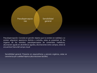 Pseudopercepcio-
nes
Sensibilidad
general
Pseudopercepción: Consiste en percibir objetos que no existen en realidad, o si
existen adquieren apariencia distinta o extraña, estas se presentan en los
órganos de los sentidos: pseudoperceptos de contenidos melódicos,
alucinación aguda en alcohólicos agudos; alucinaciones extra campos, estas se
encuentran fuera del campo visual
Sensibilidad general: Presente en esquizofrenia y psicosis orgánica, estas se
caracteriza por cualidad háptica (alucinaciones táctiles)
 