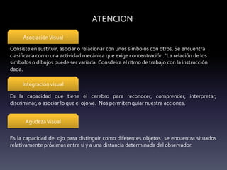 ATENCION
AsociaciónVisual
Consiste en sustituir, asociar o relacionar con unos símbolos con otros. Se encuentra
clasificada como una actividad mecánica que exige concentración. ‘La relación de los
símbolos o dibujos puede ser variada. Consdeira el ritmo de trabajo con la instrucción
dada.
Integración visual
Es la capacidad que tiene el cerebro para reconocer, comprender, interpretar,
discriminar, o asociar lo que el ojo ve. Nos permiten guiar nuestra acciones.
AgudezaVisual
Es la capacidad del ojo para distinguir como diferentes objetos se encuentra situados
relativamente próximos entre si y a una distancia determinada del observador.
 