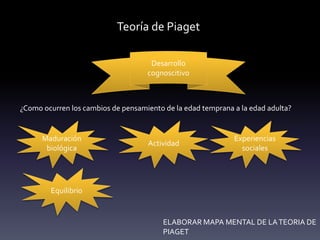 Teoría de Piaget
Desarrollo
cognoscitivo
¿Como ocurren los cambios de pensamiento de la edad temprana a la edad adulta?
Maduración
biológica
Actividad
Experiencias
sociales
Equilibrio
ELABORAR MAPA MENTAL DE LATEORIA DE
PIAGET
 