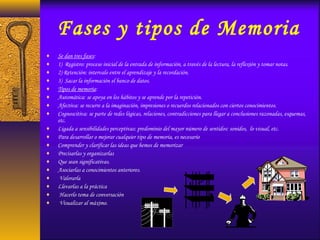 Fases y tipos de Memoria
♦ Se dan tres fases:
♦ 1) Registro: proceso inicial de la entrada de información, a través de la lectura, la reflexión y tomar notas.
♦ 2) Retención: intervalo entre el aprendizaje y la recordación.
♦ 3) Sacar la información el banco de datos.
♦ Tipos de memoria:
♦ Automática: se apoya en los hábitos y se aprende por la repetición.
♦ Afectiva: se recurre a la imaginación, impresiones o recuerdos relacionados con ciertos conocimientos.
♦ Cognoscitiva: se parte de redes lógicas, relaciones, contradicciones para llegar a conclusiones razonadas, esquemas,
etc.
♦ Ligada a sensibilidades perceptivas: predominio del mayor número de sentidos: sonidos, lo visual, etc.
♦ Para desarrollar o mejorar cualquier tipo de memoria, es necesario
♦ Comprender y clarificar las ideas que hemos de memorizar
♦ Precisarlas y organizarlas
♦ Que sean significativas.
♦ Asociarlas a conocimientos anteriores.
♦ Valorarla
♦ Llevarlas a la práctica
♦ Hacerlo tema de conversación
♦ Visualizar al máximo.
 
