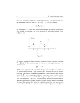 2 1. Ideas preliminares
este caso se dice que el proceso es a tiempo discreto, y en general este tipo
de procesos se denotar´a por ØXn : n 0, 1, . . .Ù, o expl´ıcitamente,
X0, X1, X2, . . .
as´ı, para cada n, Xn es el valor del proceso o estado del sistema al tiempo n.
Este modelo corresponde a un vector aleatorio de dimensi´on inﬁnita. V´ease
la Figura 1.1.
n
XnÔωÕ
X0
1
X1
2
X2
3
X3
4
X4
5
X5
Figura 1.1
El espacio parametral puede tambi´en tomarse como el conjunto continuo
T Ö0, Õ. Se dice entonces que el proceso es a tiempo continuo, y se
denotar´a por
ØXt : t 0Ù.
Por lo tanto, seguiremos la convenci´on de que si el sub´ındice es n, entonces
los tiempos son discretos, y si el sub´ındice es t, el tiempo se mide de manera
continua. Los posibles espacios de estados que consideraremos son subcon-
juntos de Z, y un poco m´as generalmente tomaremos como espacio de esta-
dos el conjunto de n´umeros reales R, aunque en algunos pocos casos tam-
bi´en consideraremos a Zn o Rn. Naturalmente, espacios m´as generales son
posibles, tanto para el espacio parametral como para el espacio de estados.
En particular, para poder hablar de variables aleatorias con valores en el
espacio de estados S, es necesario asociar a este conjunto una σ-´algebra.
 