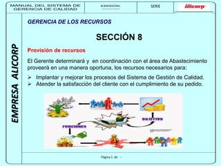 MANUAL DEL SISTEMA DE 
GERENCIA DE CALIDAD 
EMISIÓN: 
------------ 
MUNICIPALIDAD DE SAN BORJA 
SERIE 
SERIA: 
--------- 
EMPRESA ALICORP 
GERENCIA DE LOS RECURSOS 
SECCIÓN 8 
Página 1 de -- 
Provisión de recursos 
El Gerente determinará y en coordinación con el área de Abastecimiento 
proveerá en una manera oportuna, los recursos necesarios para: 
 Implantar y mejorar los procesos del Sistema de Gestión de Calidad. 
 Atender la satisfacción del cliente con el cumplimiento de su pedido. 
 