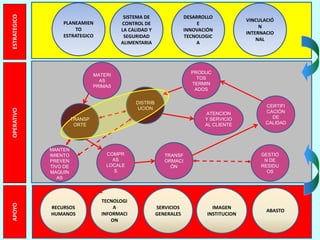 PLANEAMIEN 
TO 
ESTRATEGICO 
DESARROLLO 
E 
INNOVACIÓN 
TECNOLOGIC 
A 
SISTEMA DE 
CONTROL DE 
LA CALIDAD Y 
SEGURIDAD 
ALIMENTARIA 
VINCULACIÓ 
N 
INTERNACIO 
NAL 
RECURSOS 
HUMANOS 
IMAGEN 
INSTITUCION 
SERVICIOS 
GENERALES 
CERTIFI 
CACIÓN 
DE 
CALIDAD 
ABASTO 
TECNOLOGI 
A 
INFORMACI 
ON 
APOYO OPERATIVO ESTRATEGICO 
GESTIÓ 
N DE 
RESIDU 
OS 
PRODUC 
TOS 
TERMIN 
ADOS 
TRANSF 
ORMACI 
ÓN 
TRANSP 
ORTE 
COMPR 
AS 
LOCALE 
S 
MATERI 
AS 
PRIMAS 
DISTRIB 
UCIÓN 
MANTEN 
IMIENTO 
PREVEN 
TIVO DE 
MAQUIN 
AS 
ATENCION 
Y SERVICIO 
AL CLIENTE 
 