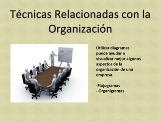 Utilizar diagramas
puede ayudar a
visualizar mejor algunos
aspectos de la
organización de una
empresa.

-Flujogramas
- Organigramas
 