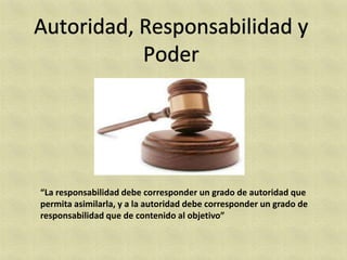 “La responsabilidad debe corresponder un grado de autoridad que
permita asimilarla, y a la autoridad debe corresponder un grado de
responsabilidad que de contenido al objetivo”
 