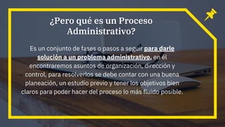 ¿Pero qué es un Proceso
Administrativo?
Es un conjunto de fases o pasos a seguir para darle
solución a un problema administrativo, en él
encontraremos asuntos de organización, dirección y
control, para resolverlos se debe contar con una buena
planeación, un estudio previo y tener los objetivos bien
claros para poder hacer del proceso lo más fluido posible.
 