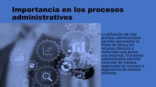 Importancia en los procesos
administrativos
• La aplicación de este
proceso administrativo
permite aprovechar la
mano de obra y los
recursos técnicos y
materiales que posee
una empresa. El proceso
administrativo permite
controlar de manera
organizada los recursos y
disponerlos de manera
eficiente.
 