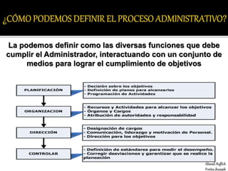 La podemos definir como las diversas funciones que debe
cumplir el Administrador, interactuando con un conjunto de
medios para lograr el cumplimiento de objetivos
Abasali Raffick
Freites jhoseph
 