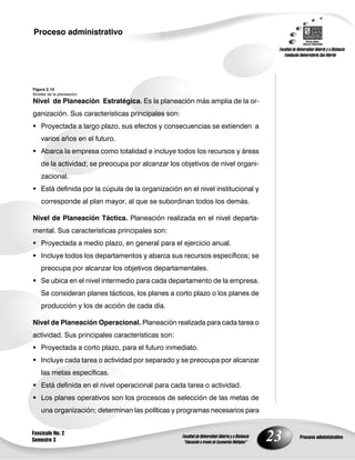 Proceso administrativo




Figura 2.10
Niveles de la planeación.
Nivel de Planeación Estratégica. Es la planeación más amplia de la or-
ganización. Sus características principales son:
 Proyectada a largo plazo, sus efectos y consecuencias se extienden a
    varios años en el futuro.
 Abarca la empresa como totalidad e incluye todos los recursos y áreas
    de la actividad; se preocupa por alcanzar los objetivos de nivel organi-
    zacional.
 Está definida por la cúpula de la organización en el nivel institucional y
    corresponde al plan mayor, al que se subordinan todos los demás.

Nivel de Planeación Táctica. Planeación realizada en el nivel departa-
mental. Sus características principales son:
 Proyectada a medio plazo, en general para el ejercicio anual.
 Incluye todos los departamentos y abarca sus recursos específicos; se
    preocupa por alcanzar los objetivos departamentales.
 Se ubica en el nivel intermedio para cada departamento de la empresa.
    Se consideran planes tácticos, los planes a corto plazo o los planes de
    producción y los de acción de cada día.

Nivel de Planeación Operacional. Planeación realizada para cada tarea o
actividad. Sus principales características son:
 Proyectada a corto plazo, para el futuro inmediato.
 Incluye cada tarea o actividad por separado y se preocupa por alcanzar
    las metas específicas.
 Está definida en el nivel operacional para cada tarea o actividad.
 Los planes operativos son los procesos de selección de las metas de
    una organización; determinan las políticas y programas necesarios para


Fascículo No. 2
Semestre 3                                                                     23   Proceso administrativo
 