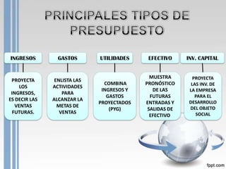 INGRESOS         GASTOS       UTILIDADES     EFECTIVO     INV. CAPITAL


                                              MUESTRA        PROYECTA
 PROYECTA       ENLISTA LAS
                                COMBINA     PRONÓSTICO      LAS INV. DE
     LOS       ACTIVIDADES
                               INGRESOS Y      DE LAS      LA EMPRESA
 INGRESOS,         PARA
                                 GASTOS       FUTURAS         PARA EL
ES DECIR LAS   ALCANZAR LA
                              PROYECTADOS   ENTRADAS Y     DESARROLLO
   VENTAS        METAS DE                                  DEL OBJETO
                                  (PYG)      SALIDAS DE
  FUTURAS.        VENTAS                                      SOCIAL
                                              EFECTIVO
 