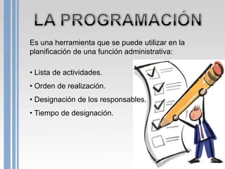Es una herramienta que se puede utilizar en la
planificación de una función administrativa:

• Lista de actividades.
• Orden de realización.
• Designación de los responsables.
• Tiempo de designación.
 