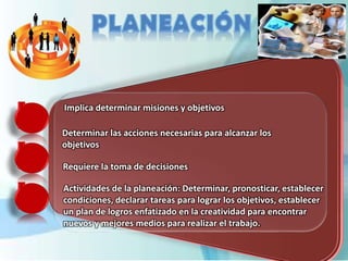 Implica determinar misiones y objetivos
Determinar las acciones necesarias para alcanzar los
objetivos
Requiere la toma de decisiones
Actividades de la planeación: Determinar, pronosticar, establecer
condiciones, declarar tareas para lograr los objetivos, establecer
un plan de logros enfatizado en la creatividad para encontrar
nuevos y mejores medios para realizar el trabajo.
 