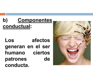 b) Componentes
conductual:
Los afectos
generan en el ser
humano ciertos
patrones de
conducta.