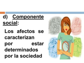 d) Componente
social:
Los afectos se
caracterizan
por estar
determinados
por la sociedad