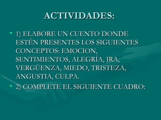 ACTIVIDADES:  1) ELABORE UN CUENTO DONDE ESTÉN PRESENTES LOS SIGUIENTES CONCEPTOS: EMOCION, SENTIMIENTOS, ALEGRÍA, IRA, VERGÜENZA, MIEDO, TRISTEZA, ANGUSTIA, CULPA. 2) COMPLETE EL SIGUIENTE CUADRO: 