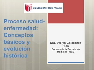 Proceso salud-
enfermedad:
Conceptos
básicos y
evolución
histórica
Dra. Evelyn Goicochea
Ríos
Docente de la Escuela de
Medicina - UCV
 