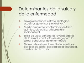 Determinantes de la salud y
de la enfermedad
1. Biología humana: sustrato fisiológico,
aspectos genéticos y evolutivos.
2. Medio ambiente: contaminación física,
química, biológica, psicosocial y
sociocultural.
3. Estilo de vida: conductas favorecedoras
de la salud, conductas de riego para la
salud, conductas de enfermedad
4. Sistema de asistencia sanitaria: medidas
políticas de salud, calidad de la asistencia,
medios técnicos, etc.
 