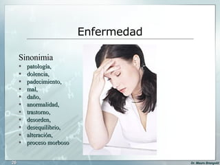 Sinonimia patología,  dolencia,  padecimiento,  mal,  daño,  anormalidad,  trastorno,  desorden,  desequilibrio,  alteración,  proceso morboso  Enfermedad 