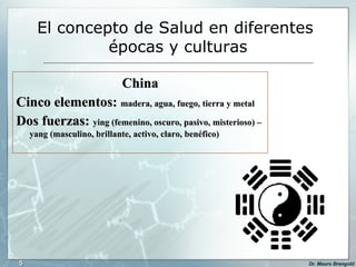 El concepto de Salud en diferentes  épocas y culturas China Cinco elementos:  madera, agua, fuego, tierra y metal Dos fuerzas:  ying (femenino, oscuro, pasivo, misterioso) – yang (masculino, brillante, activo, claro, benéfico) 