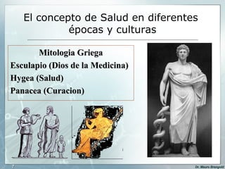 El concepto de Salud en diferentes  épocas y culturas Mitologia Griega Esculapio (Dios de la Medicina) Hygea (Salud) Panacea (Curacion)  
