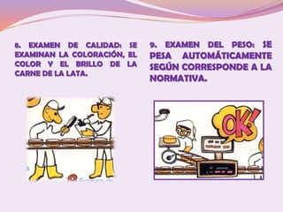 9. EXAMEN DEL PESO: SE PESA AUTOMÁTICAMENTE SEGÚN CORRESPONDE A LA NORMATIVA.8. EXAMEN DE CALIDAD: SE EXAMINAN LA COLORACIÓN, EL COLOR Y EL BRILLO DE LA CARNE DE LA LATA.