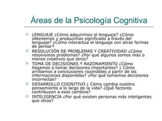 Áreas de la Psicología Cognitiva










LENGUAJE ¿Cómo adquirimos el lenguaje? ¿Cómo
obtenemos y producimos significado a través del
lenguaje? ¿Cómo interactúa el lenguaje con otras formas
de pensar?
RESOLUCIÓN DE PROBLEMAS Y CREATIVIDAD ¿Cómo
resolvemos problemas? ¿Por qué algunos somos más o
menos creativos que otros?
TOMA DE DECISIONES Y RAZONAMIENTO ¿Cómo
llegamos a tomar decisiones importantes? ¿ Cómo
arribamos a conclusiones razonables a partir de las
informaciones disponibles? ¿Por qué tomamos decisiones
incorrectas?
DESARROLLO COGNITIVO ¿ Cómo cambia nuestro
pensamiento a lo largo de la vida? ¿Qué factores
contribuyen a esos cambios?
INTELIGENCIA ¿Por qué existen personas más inteligentes
que otras?

 
