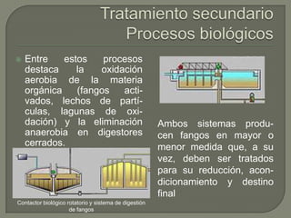 

Entre
estos
procesos
destaca
la
oxidación
aerobia de la materia
orgánica
(fangos
activados, lechos de partículas, lagunas de oxidación) y la eliminación
anaerobia en digestores
cerrados.

Contactor biológico rotatorio y sistema de digestión
de fangos

Ambos sistemas producen fangos en mayor o
menor medida que, a su
vez, deben ser tratados
para su reducción, acondicionamiento y destino
final

 
