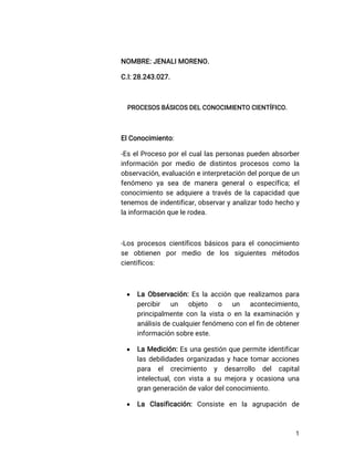 1
NOMBRE: JENALI MORENO.
C.I: 28.243.027.
PROCESOS BÁSICOS DEL CONOCIMIENTO CIENTÍFICO.
El Conocimiento:
-Es el Proceso por el cual las personas pueden absorber
información por medio de distintos procesos como la
observación, evaluación e interpretación del porque de un
fenómeno ya sea de manera general o específica; el
conocimiento se adquiere a través de la capacidad que
tenemos de indentificar, observar y analizar todo hecho y
la información que le rodea.
-Los procesos científicos básicos para el conocimiento
se obtienen por medio de los siguientes métodos
científicos:
 La Observación: Es la acción que realizamos para
percibir un objeto o un acontecimiento,
principalmente con la vista o en la examinación y
análisis de cualquier fenómeno con el fin de obtener
información sobre este.
 La Medición: Es una gestión que permite identificar
las debilidades organizadas y hace tomar acciones
para el crecimiento y desarrollo del capital
intelectual, con vista a su mejora y ocasiona una
gran generación de valor del conocimiento.
 La Clasificación: Consiste en la agrupación de
 