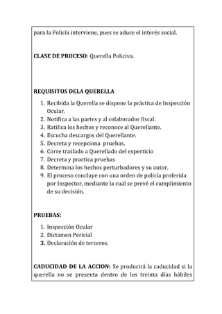 para	
  la	
  Policía	
  interviene,	
  pues	
  se	
  aduce	
  el	
  interés	
  social.	
  
	
  
CLASE	
  DE	
  PROCESO:	
  Querella	
  Policiva.	
  
	
  
	
  
REQUISITOS	
  DELA	
  QUERELLA	
  
1. Recibida	
  la	
  Querella	
  se	
  dispone	
  la	
  práctica	
  de	
  Inspección	
  
Ocular.	
  
2. Notifica	
  a	
  las	
  partes	
  y	
  al	
  colaborador	
  fiscal.	
  
3. Ratifica	
  los	
  hechos	
  y	
  reconoce	
  al	
  Querellante.	
  
4. Escucha	
  descargos	
  del	
  Querellante.	
  
5. Decreta	
  y	
  recepciona	
  	
  pruebas.	
  
6. Corre	
  traslado	
  a	
  Querellado	
  del	
  experticio	
  	
  
7. Decreta	
  y	
  practica	
  pruebas	
  
8. Determina	
  los	
  hechos	
  perturbadores	
  y	
  su	
  autor.	
  
9. El	
  proceso	
  concluye	
  con	
  una	
  orden	
  de	
  policía	
  proferida	
  
por	
  Inspector,	
  mediante	
  la	
  cual	
  se	
  prevé	
  el	
  cumplimiento	
  
de	
  su	
  decisión.	
  
	
  
PRUEBAS:	
  	
  
1. Inspección	
  Ocular	
  	
  
2. Dictamen	
  Pericial	
  
3. Declaración	
  de	
  terceros.	
  
	
  
CADUCIDAD	
  DE	
  LA	
  ACCION:	
  Se	
  producirá	
  la	
  caducidad	
  si	
  la	
  
querella	
   no	
   se	
   presenta	
   dentro	
   de	
   los	
   treinta	
   días	
   hábiles	
  
 