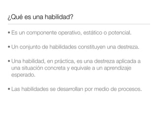 ¿Qué es una habilidad?
• Es un componente operativo, estático o potencial.
• Un conjunto de habilidades constituyen una destreza.
• Una habilidad, en práctica, es una destreza aplicada a
una situación concreta y equivale a un aprendizaje
esperado.
• Las habilidades se desarrollan por medio de procesos.
 