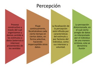 Percepción
Proceso
constructivo a
través del cual
organizamos y
damos sentido a
los estímulos o
datos (externos e
internos)
provenientes de
los sentidos.
Fluye
continuamente,
focalizándose cada
cierto tiempo en
ciertos datos, en
forma selectiva,
haciendo
imperceptible otros
datos.
La focalización de
la percepción
está influida por
características
del estímulo y
por factores del
individuo, como
sus intereses y
voluntad.
La percepción
distorsionada, en
el cual cierto
arreglo de datos
es interpretado
por el individuo
de una manera
errónea, esta se
denomina
ilusión.
 