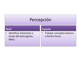 Percepción
Táctil
• Identificar elementos a
través del tacto (goma,
lápiz).
Espacial
• Trabajar conceptos básicos:
o Dentro-fuera.
 