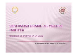 UNIVERSIDAD ESTATAL DEL VALLE DEUNIVERSIDAD ESTATAL DEL VALLE DE
ECATEPEC
PROCESOS COGNITIVOS EN LA VEJEZ
MAESTRA ANGÉLICA MARÍA RAZO GONZÁLEZ
 