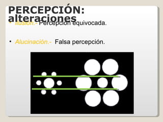 Ilusión.-   Percepción equivocada. Alucinación.-   Falsa percepción. PERCEPCIÓN: alteraciones 