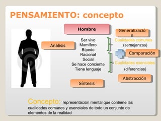 PENSAMIENTO: concepto  Hombre Ser vivo Mamífero Bípedo Racional Social Se hace conciente Tiene lenguaje Cualidades comunes Cualidades esenciales (semejanzas) (diferencias) Análisis Generalización Abstracción Síntesis Comparación Concepto:  representación mental que contiene las cualidades comunes y esenciales de todo un conjunto de elementos de la realidad 