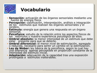 Ps. ANDREA PÉREZ BAQUERO Vocabulario  Sensación:  activación de los órganos sensoriales mediante una  fuente de energía física. Percepción:   clasificación, interpretación, análisis e integración de los  estímulos que realizan los órganos sensoriales y el cerebro. Estímulo:  energía que genera una respuesta en un órgano sensorial. Psicofísica:  estudio de la relación entre los aspectos físicos de los  estímulos y nuestra experiencia psicológica de ellos . Umbral absoluto:  la menor intensidad de un estímulo que debe estar  presente para que se detecte.  Umbral diferencial:  el menor nivel de estimulación, agregada o reducida, necesario para sentir un  cambio  en la estimulación. Ley de Weber:  ley básica de la psicofísica, según la cual hay una diferencia  apenas perceptible en proporción constante de la intensidad del estímulo inicial . Adaptación:  adecuación de la capacidad tras una exposición prolongada a  estímulos inalterables. 
