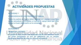 ACTIVIDADES PROPUESTAS
ACTIVIDAD 1
CONSCIENCIA DE LOS PADRES DE FAMILIA.
Todos los padres de familia deben explicar con claridad a sus hijos
temas educativos y brindarles el suficiente apoyo para que ellos
tengan un buen desempeño en la sociedad.
ACTIVIDAD 2
DEBER DEL ESTADO.
El gobierno debe ofrecer mas apoyo educativo y de calidad a todos
los niños marginados ya que así podríamos ver un cambio
totalmente diferente de ellos con el trato del entorno.
 