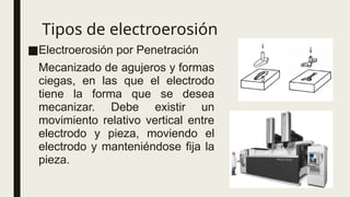 Tipos de electroerosión
■Electroerosión por Penetración
Mecanizado de agujeros y formas
ciegas, en las que el electrodo
tiene la forma que se desea
mecanizar. Debe existir un
movimiento relativo vertical entre
electrodo y pieza, moviendo el
electrodo y manteniéndose fija la
pieza.
 