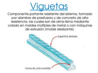 Viguetas
Componente portante resistente del sistema, formado 
por alambre de presfuerzo y de concreto de alta 
resistencia, las cuales son de alma llena mediante 
colado en moldes múltiples de metal o con máquinas 
de extrusión (molde deslizante).
 
