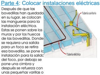 Parte 4: Colocar instalaciones eléctricas
Después de que las 
bovedillas han quedado 
en su lugar, se colocan 
las mangueras para la 
instalación eléctrica. 
Estas se ponen sobre los 
muros y por los huecos 
de las bovedillas. Donde 
se requiera una salida 
para un foco se retira 
esa bovedilla, se pone la 
instalación para la salida 
del foco, por debajo se 
pone una cimbra y 
después se refuerza con 
unas pequeñas varillas o 
 