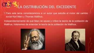 LA DISTRIBUCIÓN DEL EXCEDENTE
• Para este tema consideraremos a un autor que estudia el motor del cambio
social Karl Marx y Thomas Malthus.
Independientemente de que Marx se opuso y criticó la teoría de la población de
Malthus, trataremos de entender la teoría de la población de Malthus.
 